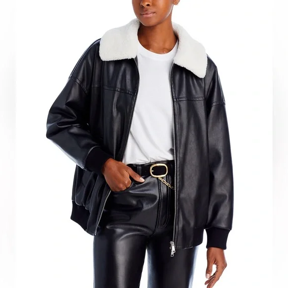 4TH & RECKLESS Vegan Leather Black Bomber Jacket with Faux Fur trim XS - Picture 1 of 5